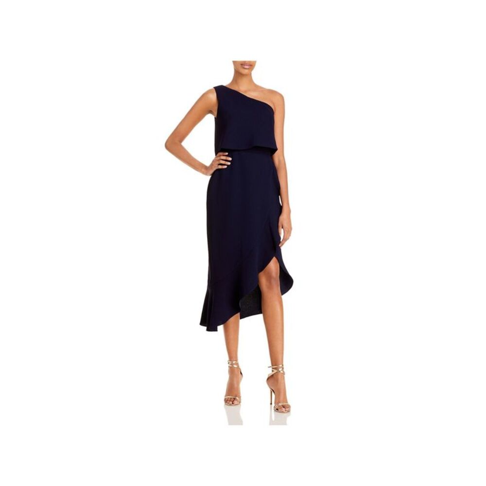 AQUA FORMAL Womens Navy Crepe Tulip Hem Lined Sleeveless Hi-Lo Dress 0